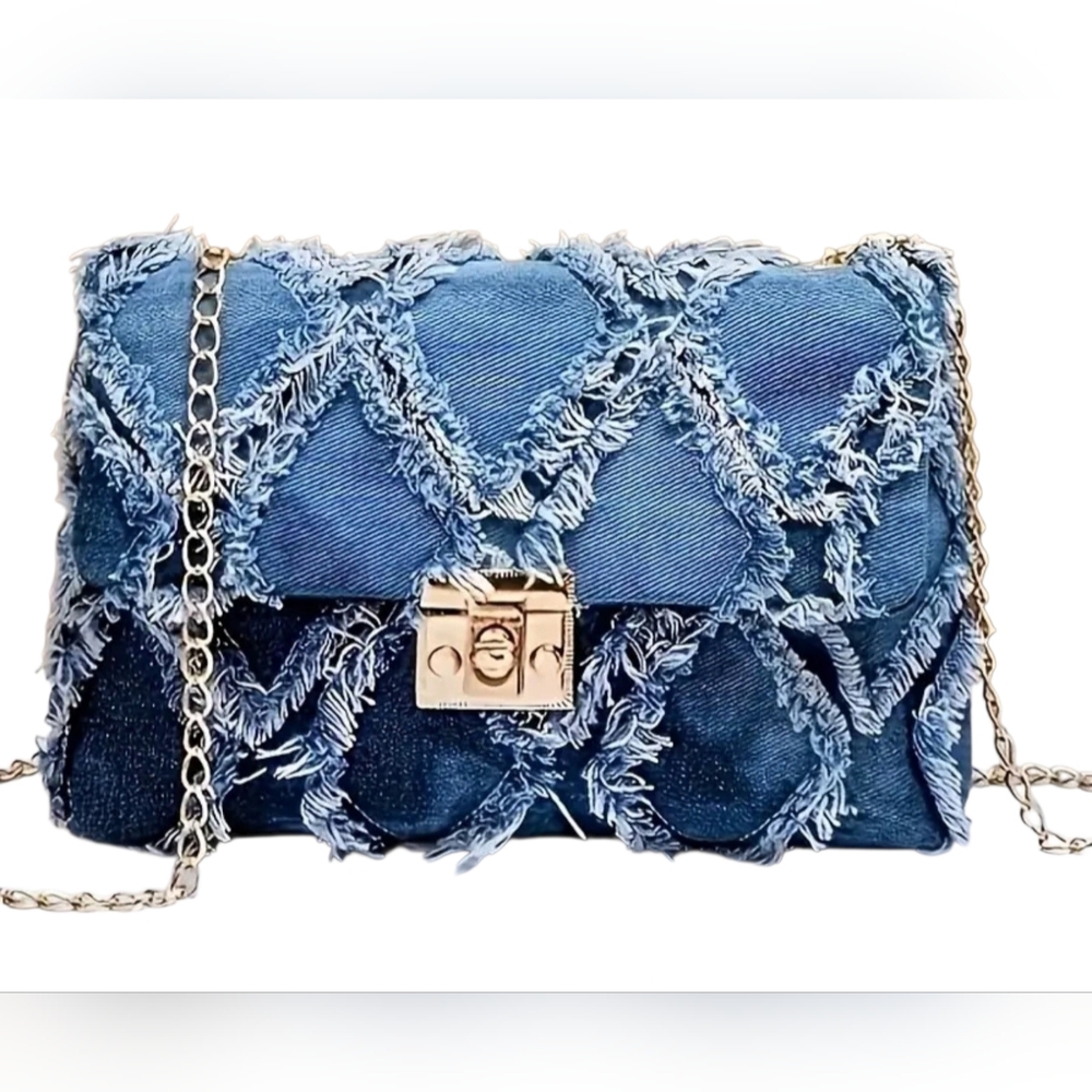Textured Frayed Denim Chain Bag - Blue Purse Vintage Style - Small Clutch NWT
